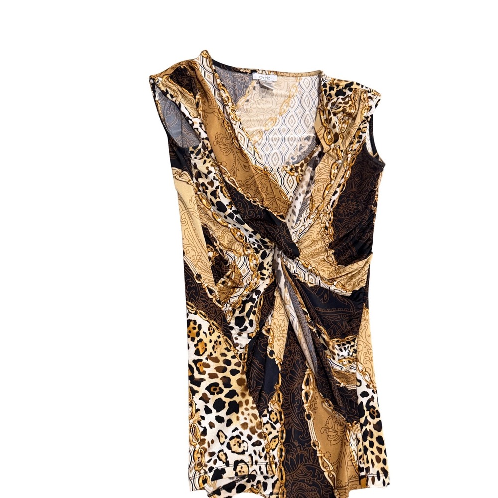 Vintage Cache XS twist Front‎ Top Leopard Chain Paisley Mixed Print Gold Jersey